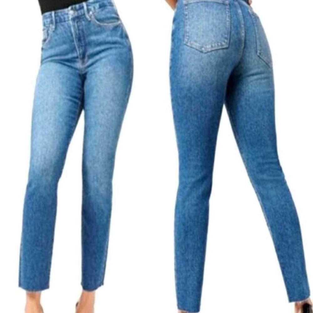 Good American Good Classic Jeans 0/25 High Rise Straight Raw Hem GCRH086TFT NWT